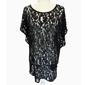 Bobeau Black Lace Tunic Top Women's 3X Sheer Overlay Back Zip Boho Plus Size